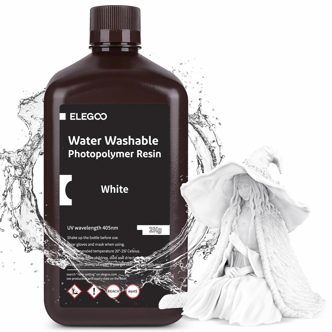 ELEGOO Water Washable 3D Printer Resin, 405nm Rapid UV Curing Standard Photopolymer Resin, Easy to Clean, High Precision 3D Water Wash Resin for LCD/MSLA/DLP 3D Printer Printing, White 2000G