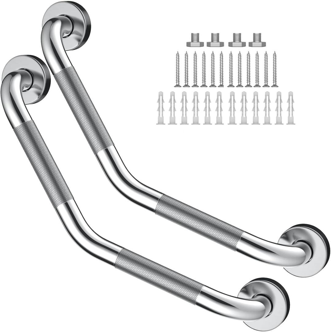 16 Inch Angled Grab Bar 2 Pack, ZUEXT Anti Slip Shower Grab Bar Handles, Chrome Stainless Steel Knurled Bathroom Balance Bar, Safety Hand Rail Support, Handicap Elderly Injury Senior Assist Bath Handle