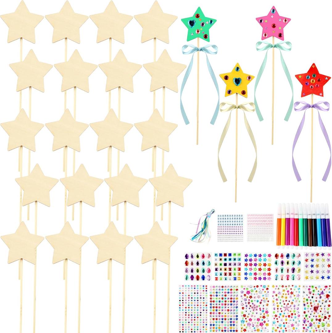 72 Pcs Unfinished Star Princess Fairy Wands Kit Make Your Own Princess Wand DIY Art Craft Magical Wand Include 24 Star Wooden Fairy Wands 12 Gem Stickers 24 Ribbons 12 Markers for Kids Party Supplies