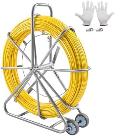VEVOR Fish Tape Fiberglass, 656 ft, 5/16 in, Duct Rodder Fishtape Wire Puller, Cable Running Rod with Steel Reel Stand, 3 Pulling Heads, Fishing Tools for Walls and Electrical Conduit, Non-Conductive