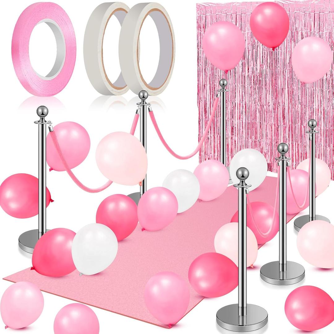 Beeveer 76 Pcs Carpet Runner for Party Set 1 Floor Runner 2 Double Sided Tape 6 Stanchion Post 4 Velvet Carpet Ropes 2 Foil Fringe Backdrop Curtains 60 Balloon 1 Ribbon for Valentine Party(Pink)