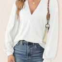 Agnes Urban Womens V Neck Long Sleeve Tops Dressy Casual Fall Shirts Puff Sleeve Loose Tunic Trendy Tops Blouses (White, M)
