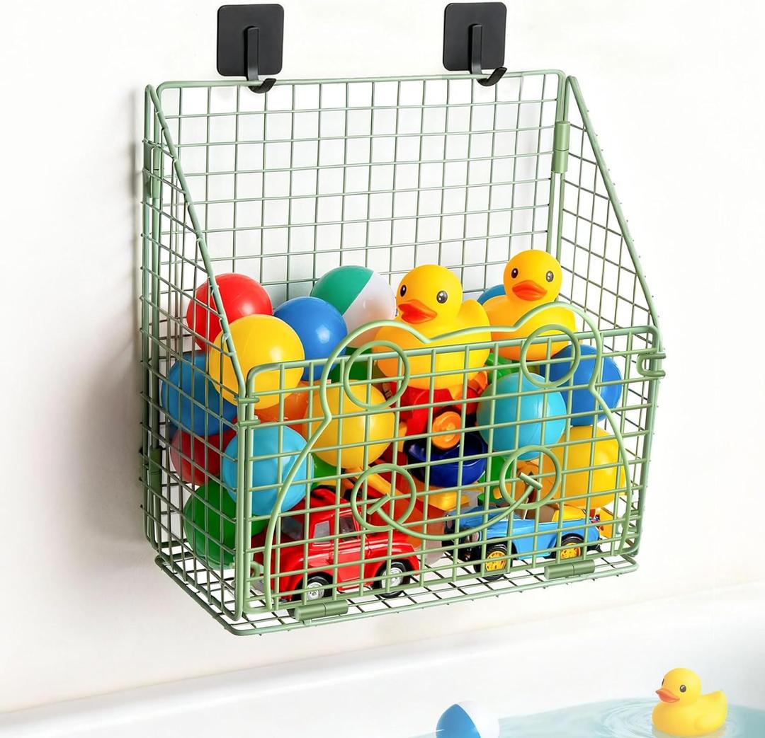 Greentainer Large Bath Toy Storage, Metal Bathtub Shower Toy Holder, Foldable bath Tub Toy Organizers, Frog Pattern Bathroom Storage with Drainage for Sorting Toys/Clothes/Toiletries