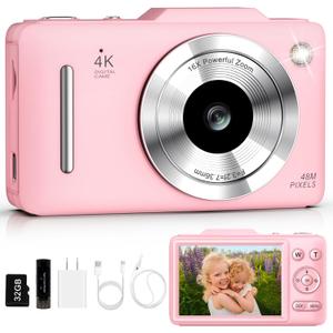 Digital Camera 4K Autofocus Vlogging Camera for Photography with 16X Zoom Anti Shake, 32GB Card, 48MP Compact Portable Point and Shoot Camera for Kids Boys Girls Teens Beginner, Pink