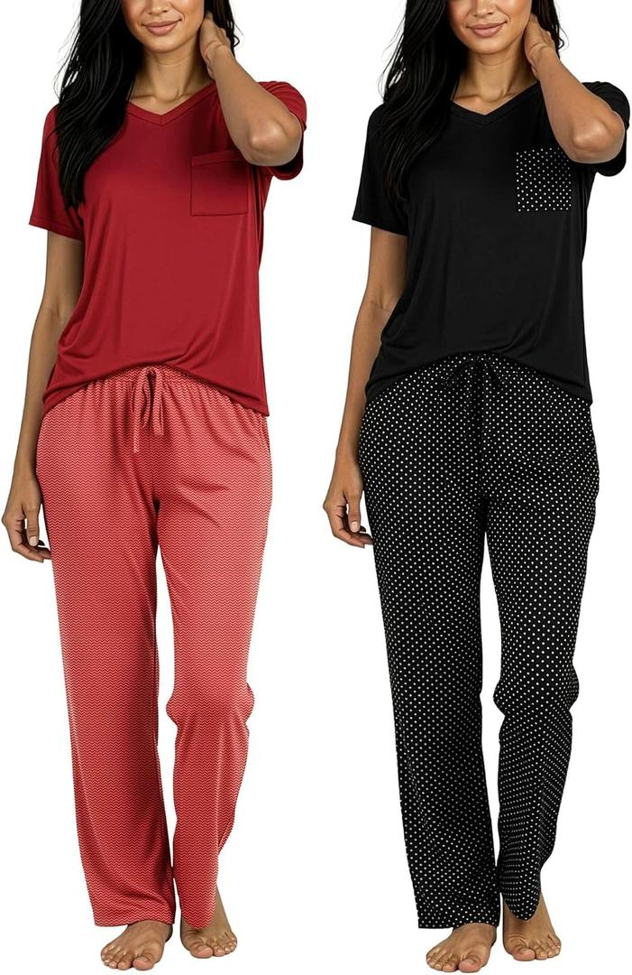 Real Essentials 2 Pack: Women's Comfy Pajama Sets - Short Sleeve Ladies Loungewear Sleepwear PJs (Available In Plus) (L)