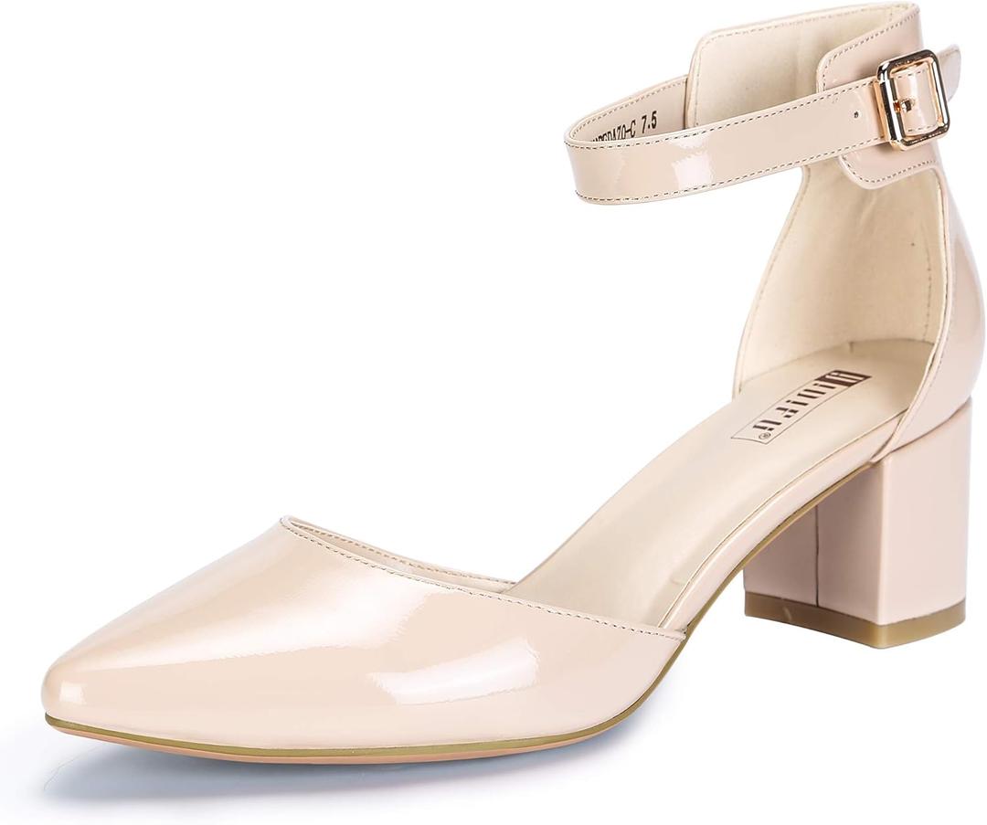 IDIFU Women's IN2 Pedazo Dress Shoes Low Block Heels Comfortable Chunky Closed Toe Ankle Strap Wedding Pumps (9, Nude Patent)