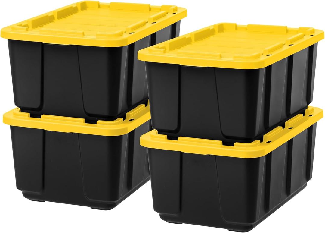 IRIS USA 27 Gallon Heavy Duty Truck Bed Toolbox Storage Tote Bins with Lids, 4 Pack - Made in USA, Tough Snap On Lid Stackable Industrial Rugged Tubs, Garage Organization, Reusable Box - Black/Yellow (27 Gal - 4 Pack)