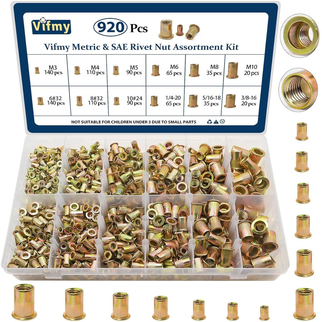 Vifmy Metric & SAE Rivet Nut Assortment Kit(920 Pcs), M3 M4 M5 M6 M8 M10#6-32#8-32#10-24 1/4"-20 5/16"-18 3/8"-16 UNC Flat Head Rivet Set, Zinc Plated Finish Carbon Steel Nutsert (Yellow)