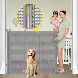 Reinforced 42 Extra Tall Pet Gate for Doorways, Extends up to 60 Wide, Extra Tall Retractable Baby Gates with Rods to Prevent Crawling Through Retractable Mesh Dog Gate Indoor Outdoor, Gray, Reinforced 42" Tall x 60" Wide
