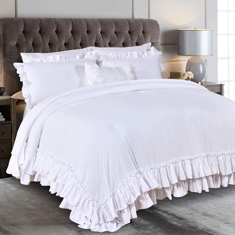 QSH White Farmhouse Ruffled Comforter Set King Size Shabby Boho Chic White Bedding Comforter King Lightweight Fluffy Ultra Soft Microfiber Inner Fill Bedding Set 3 Pieces