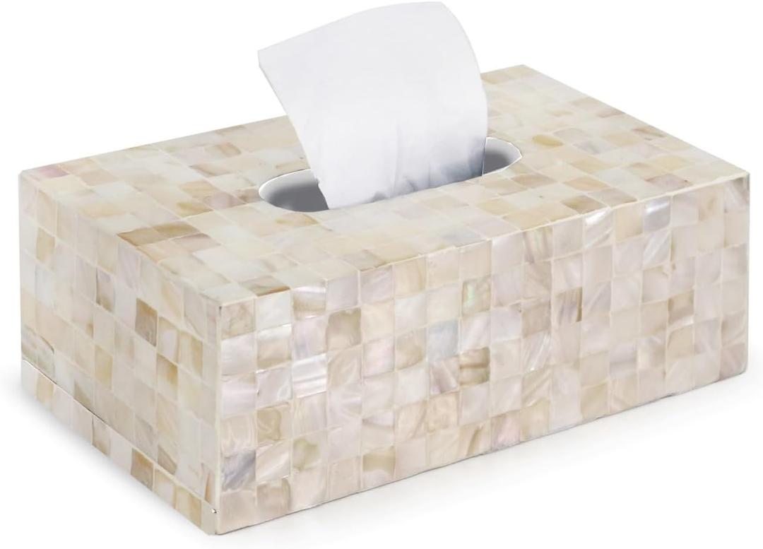 PEMAR Handmade Mother of Pearl Tissue Box Elegant Rectangular Capiz Shell Cover, Decorative Napkin Holder for Living Room, Bathroom, or Office Dcor (Max Inner Size 9.2"x5"x3.5", White Cream)