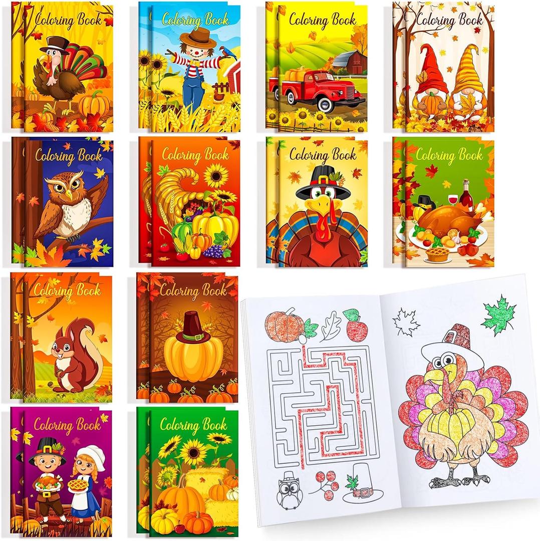 BenLouis 24 Pcs Fall Mini Coloring Books Kids Autumn Harvest Party Favors Small Activity Books Bulk for Kids Thanksgiving Birthday Goodie Bags Stuffers Return Gifts Classroom Travel
