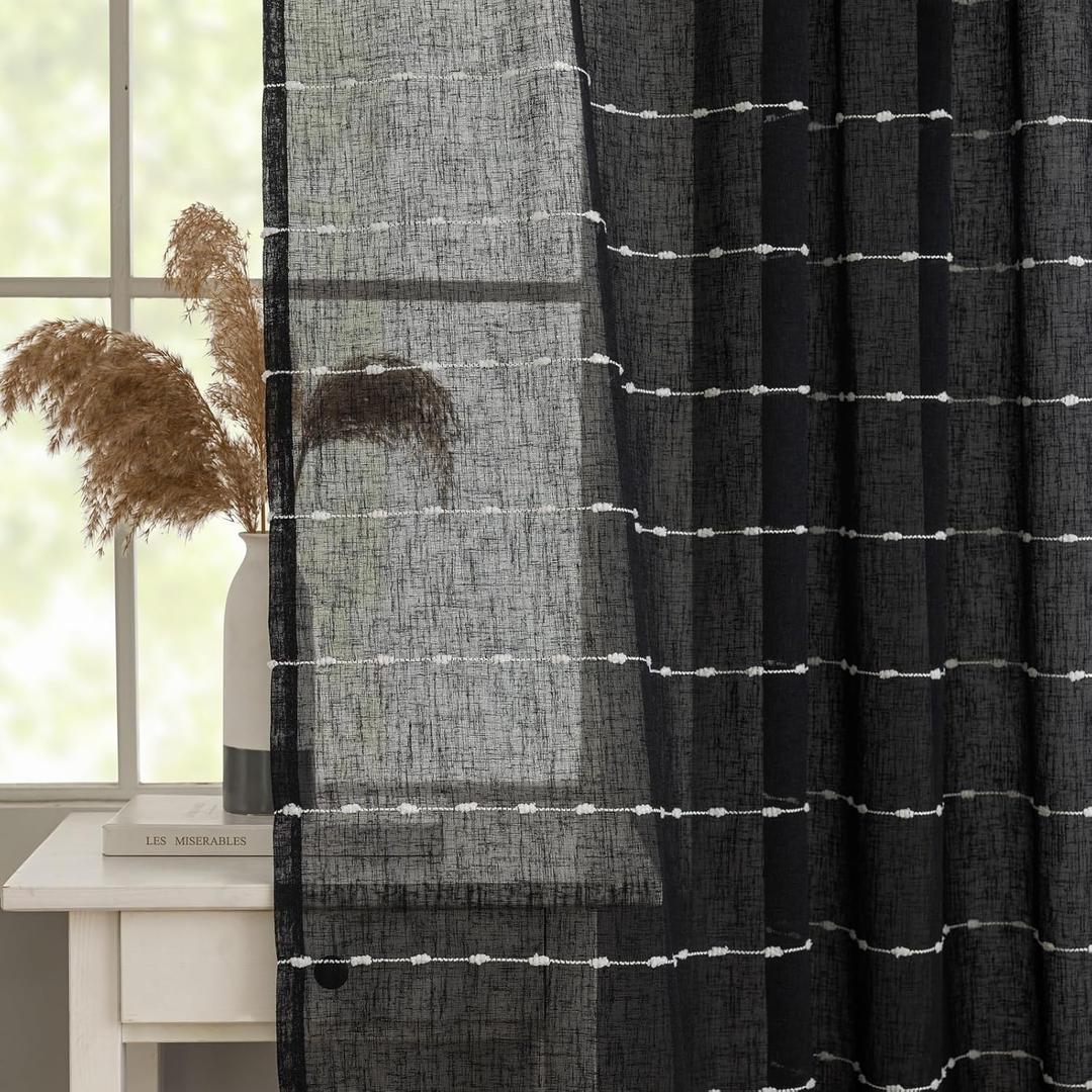 YJ YANJUN Black Boho Curtains 72 Inches Long Black with White Stripes Textured Sheer Curtains for French Door Modern Farmhouse Country Voile Drapes for Living Room Home Office 6 FT 52" W x 72" L