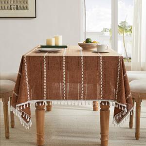 ZeeMart Hemstitched Embroidery Striped Boho Tablecloth 60x84 Inch Caramel, Heavy Weight Farmhouse Burlap Linen Orange Brown Tablecloth, Wrinkle Resistant Washable Table Cloth for Rectangle Table