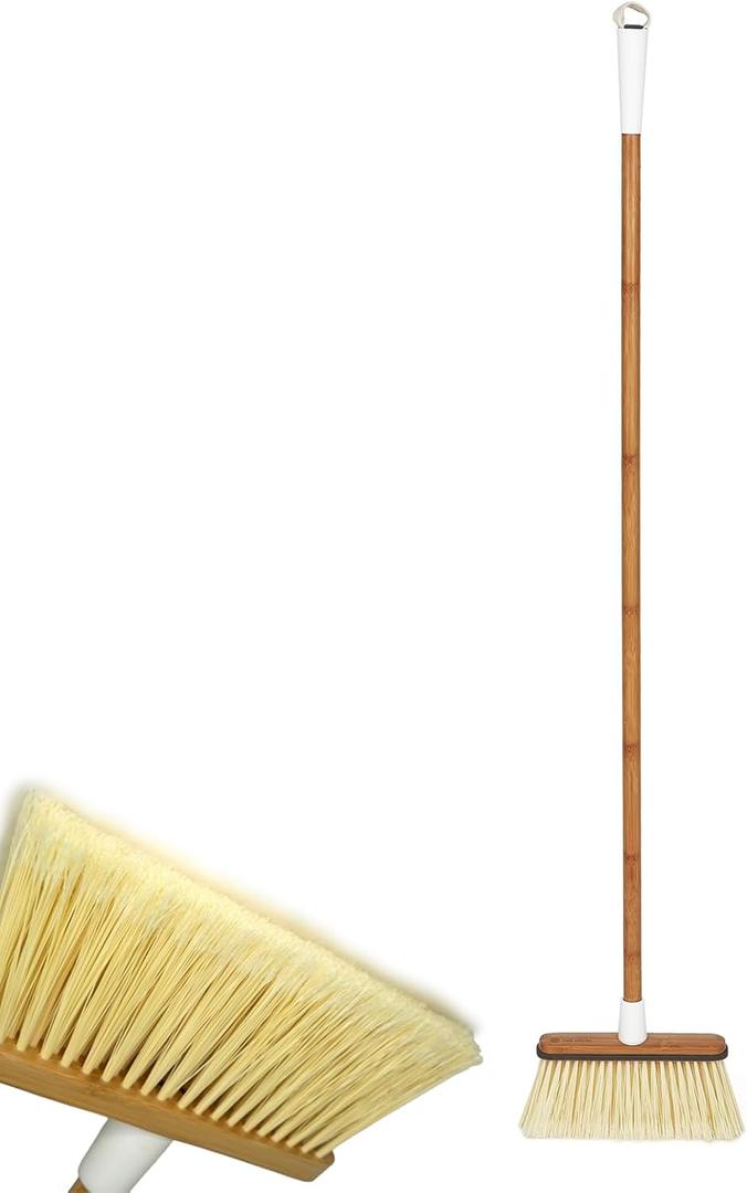 Full Circle Clean Sweep -Bamboo Broom -Angled for Precision in Tight Spaces, with Stiff Flagged Bristles for Indoor & Outdoor Cleaning -Ideal for Pet Hair, Kitchen, Hardwood, & Garage, White