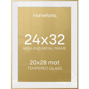 Homeforia 24x32 Poster Frame Gold, High End Metal 24 x 32 Large Picture Frames with Mat 20 by 28 for Photo, 24x32 Gold Frame Matted to 20x28 inch Print, 32x24 Frame, Tempered Glass, Wall Kit, Set of 1