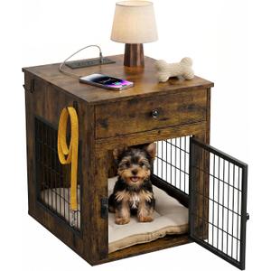 Dog Crate Furniture with Cushion and Charging Station,Small Dog End Table with Silent Drawer, Wooden Cage Kennel Indoor for Small Breeds 1“ Bar Spacing Anti-Chew Escape-Proof for Puppy