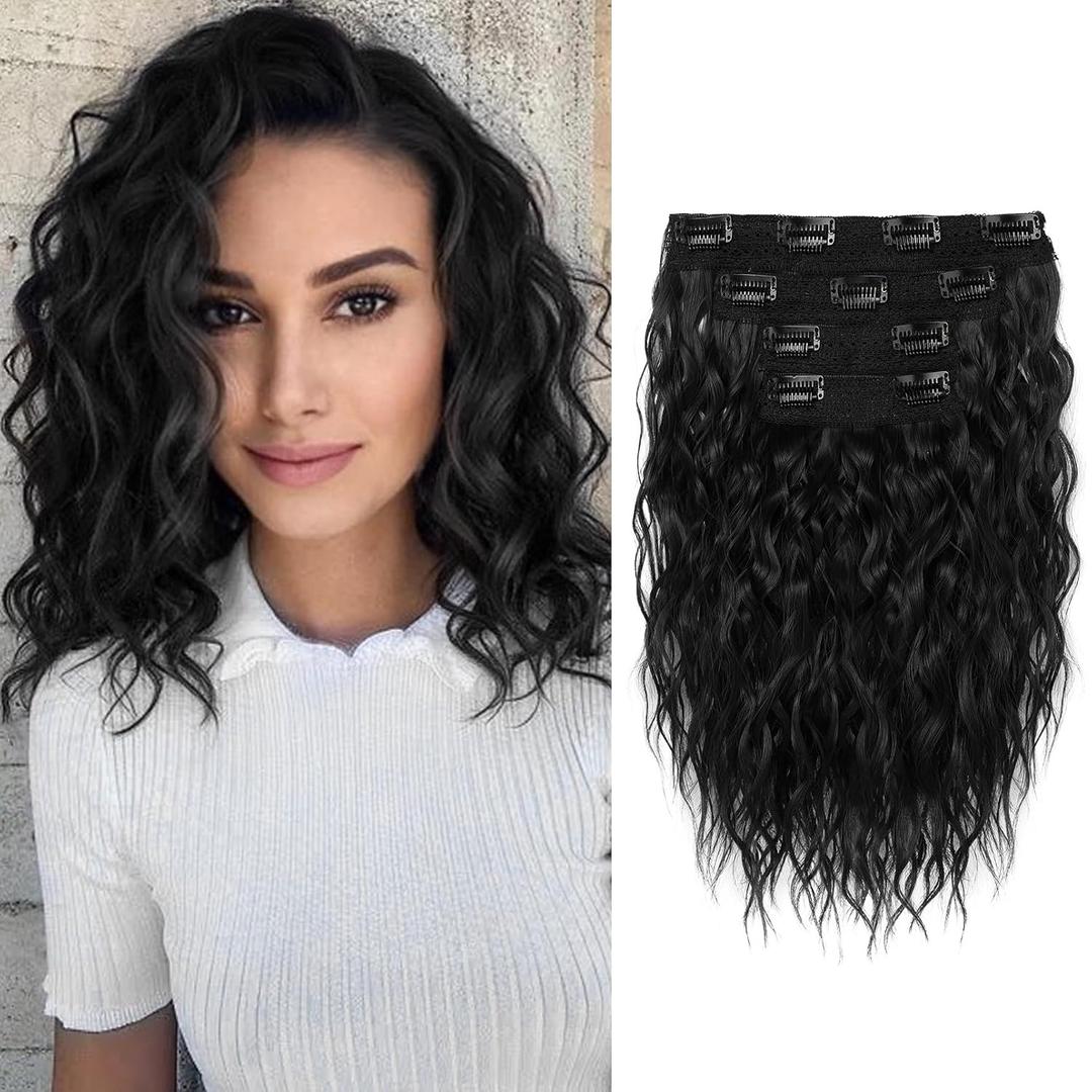 REECHO Hair Extensions, 4PCS Clip in Hair Extensions 12" Short Curly Wavy Black Hair Extensions Invisible Lace Weft Natural Soft Hairpieces for Women  Black