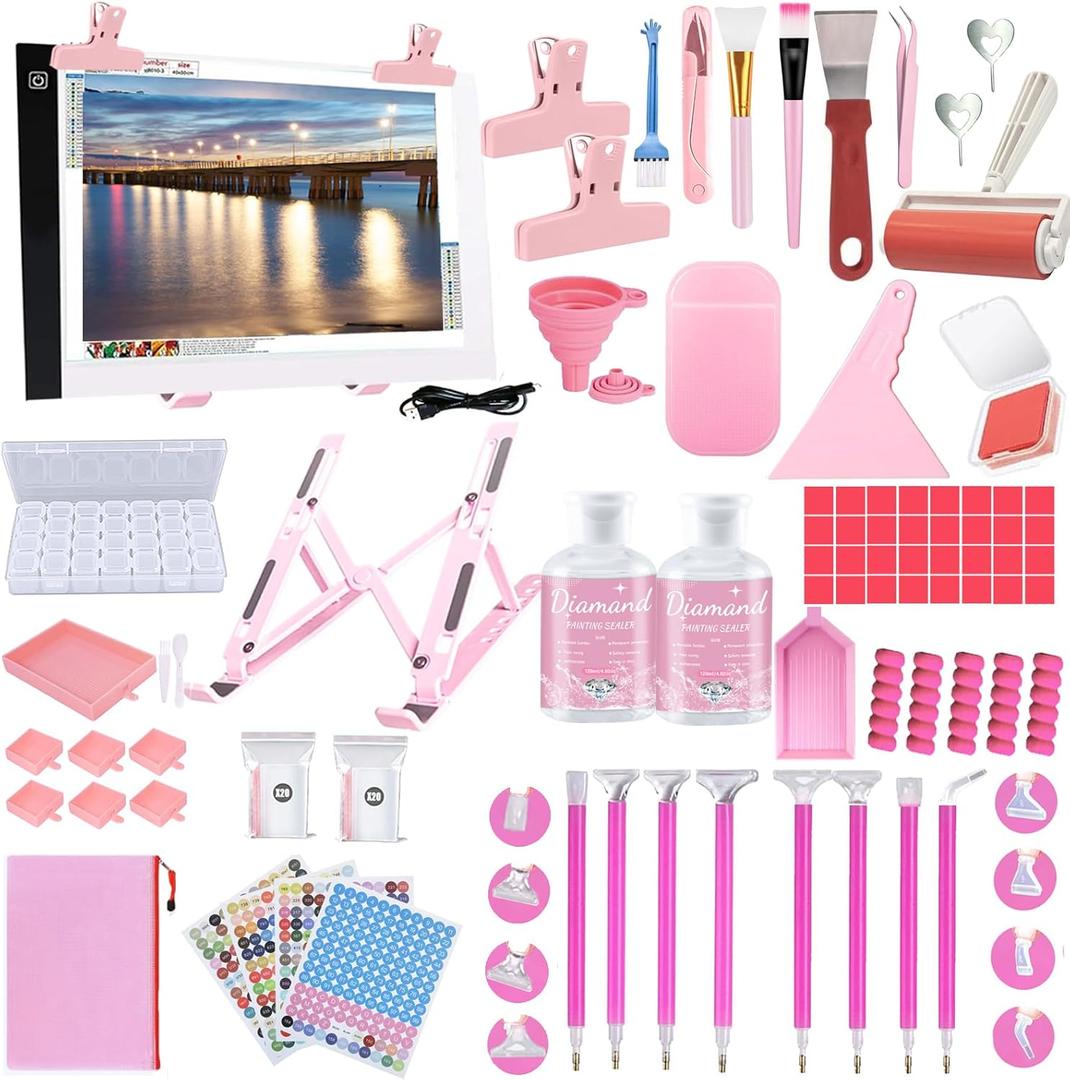 NLXCXUCY 158Pcs Diamond Art Accessories Kit All Inclusive Diamond Painting Tool Set with A4 Diamond Painting Light Pad,Diamond Art Sealer Glue,Diamond Correction,Pens Storage Box for DIY Craft (Pink)
