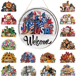 Yousoontic 17 Pcs 12 Inch Magnetic Welcome Door Sign Interchangeable Patriotic Front Door Decorations Summer Seasonal and Festive Signs for Women Gift Round Home Decor(Classic Color,Welcome)