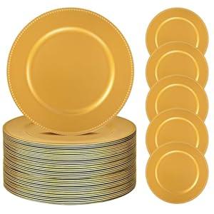 Yorcari 50 Pcs Gold Charger Plates Bulk 13 Inch Plastic Plate Chargers for Round Dinner Plate with Beaded Rim Reusable Charger Plates Dinner Chargers Plates for Christmas Wedding Party Tabletop Decor