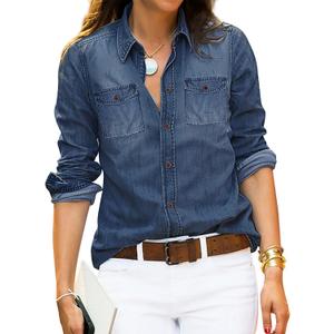 luvamia Denim Shirt Women Chambray Jean Western Shirts Long Sleeve Button Down Tops,Xlarge