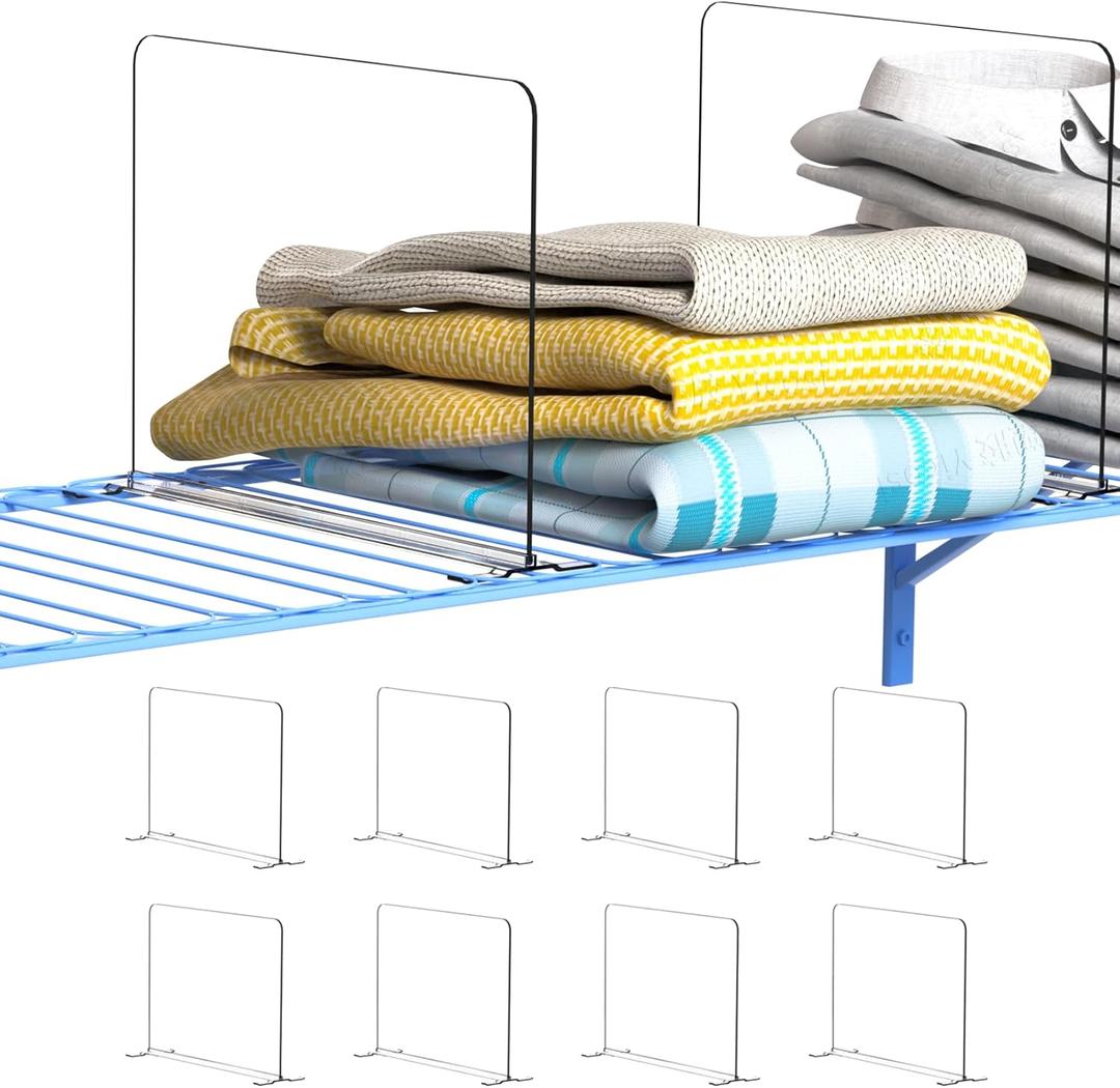 8 Pack Wire Closet Shelf Organizer - Easy Clip-No Tool - 8.5" Tall Acrylic Closet Shelf Dividers for Wire Shelves for Shirt Handbag Sweatshirt Storage for Office/Pantry/Garage Separator,Clear