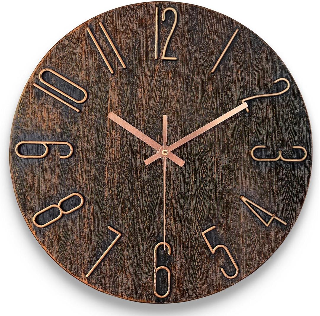 AIRUIFU Wall Clock 12 Inch Non-Ticking Silent Battery Operated Round Wall Clock Modern Simple Style Decor Clock for Home/Office/School/Kitchen/Bedroom/Living Room (Brown) (Brown)