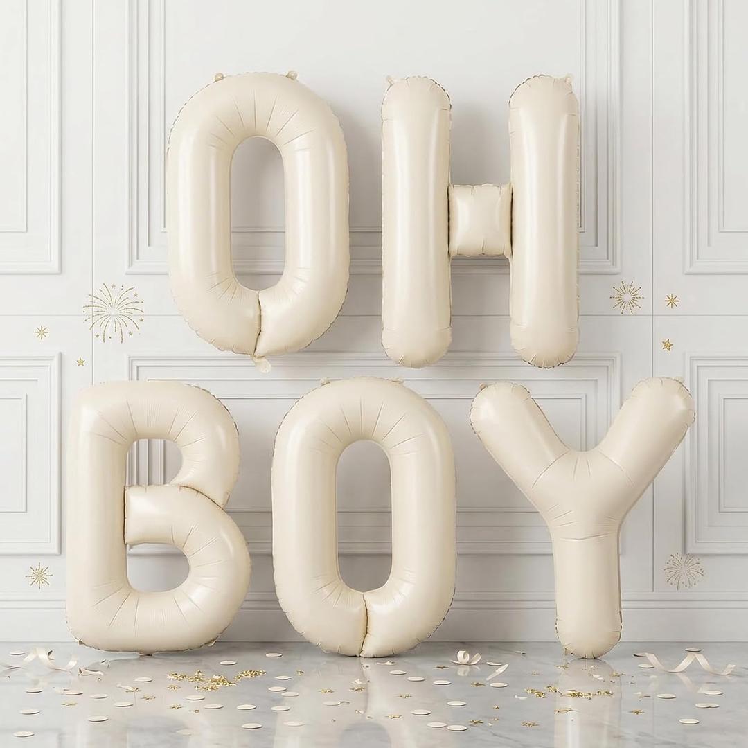 40 Inch Beige Oh Boy Balloons, Large Cream White OH BOY Balloon Letters, Neutral Ivory Sand White Big Alphabet Banner Sign Balloon for Boys Birthday Baby Shower Gender Reveal Party Decorations