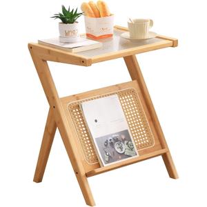 Tiita Rattan Side Table, Mid Century Nightstand, Bamboo Accent Bedside Tables, Glass Coffee Tables, Boho Wooden End Table with Storage for Small Space, Living Room and Bedroom, Large