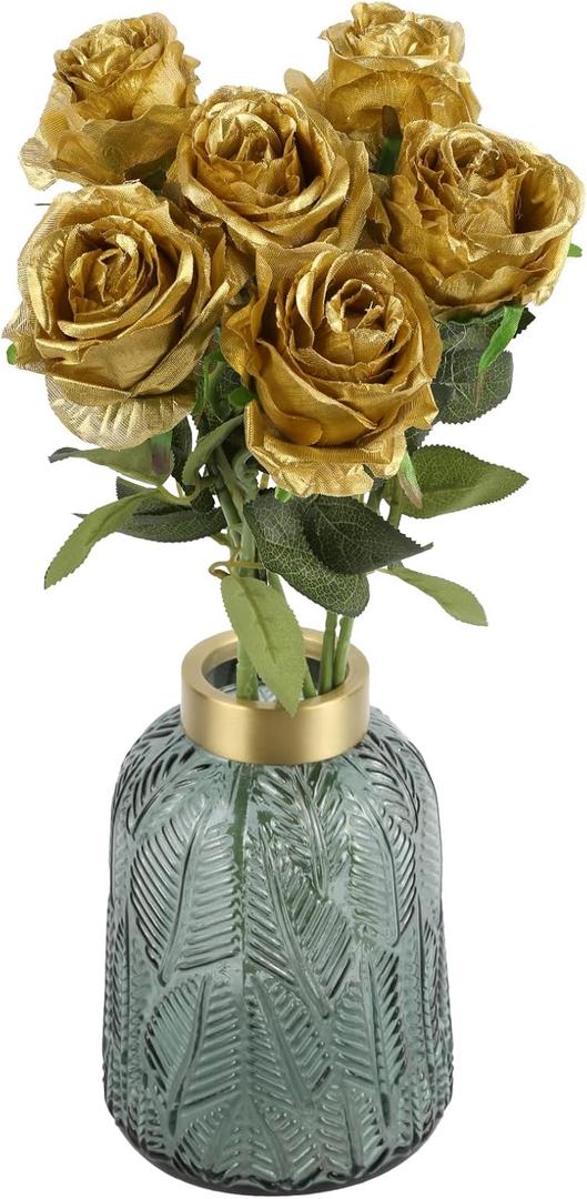 IPOPU 6PCS Gold Silk Lop-Sided Rose Artificial Flower with Long Stem Fake Leaf Roses, Artificial Long Stem Fake Roses Suitable for DIY Wedding, Home Decoration and Outdoor Party.