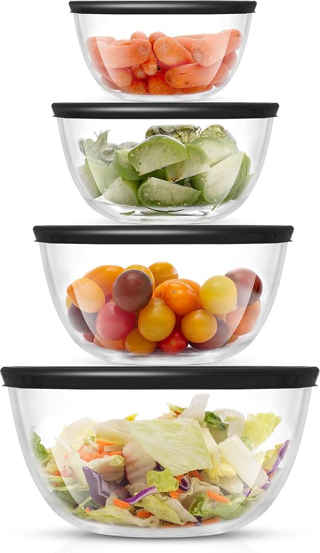 JoyJolt Kitchen Mixing Bowls - 8pc Glass with Lids Set  Neat Nesting Large Bowl Batter Cooking Storage and Big Salad BPA-Free Black
