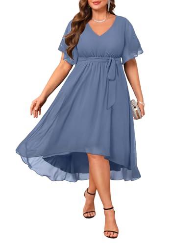 Dusty Blue Dress Wedding Guest Dresses Plus Size Formal Mother of the Bride Chiffon Short Sleeve High Low Curvy Women 22W