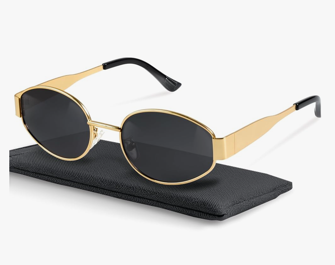 livho Retro Polarized Sunglasses - UV400 Protection, Oval Shape, Metal Frames - Matching Soft Case Inlcuded