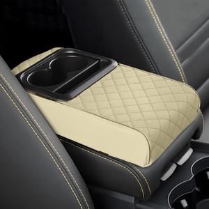 Car Center Console Armrest Pillow, 13.19"7.87" Leather Car Arm Rest Cover, Memory Foam Auto Armrest Cushion with Cup Holder Phone Slot, Universal Vehicle Middle Console Cushion Pad (Beige)