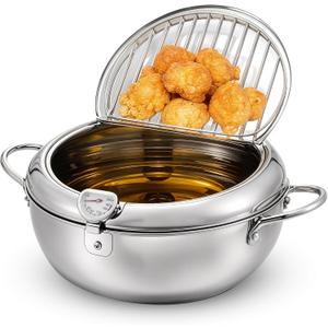 Deep Fryer Pot 304 Stainless Steel Japanese Frying Pot 3.4L/9.4 Inch Tempura Frying Pot with Lid, with Temperature Control Oil Drip Drainer Rack for Fried Chicken, Shrimp, French Chips dip