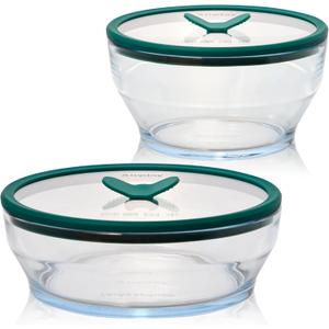 Anyday 4-Piece Large Glass Food Storage with Glass Lids | Plastic-Free Meal Prep & Microwave Cookware | Stackable Airtight Storage Container with Vented Lid for Microwave-Safe Reheating (Clear - Kale)