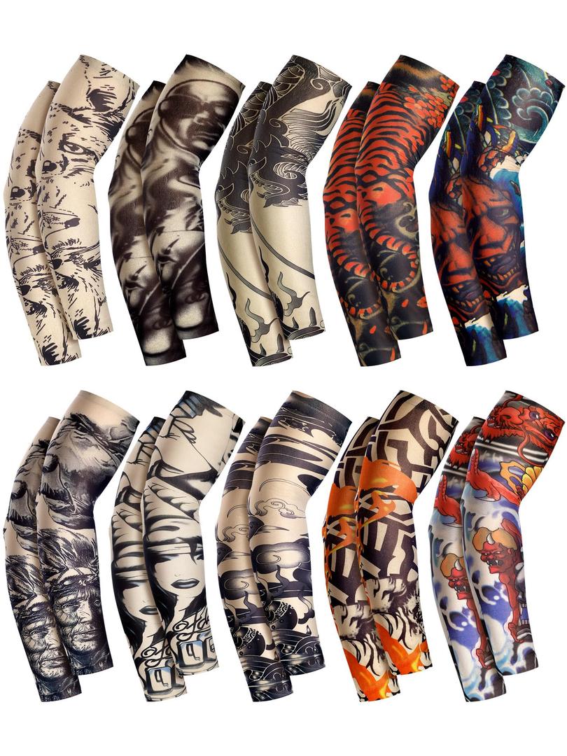 Boao 20 Pcs Men's Cooling Arm Sleeves Long Fingerless Arm Cover Anti Slip UV Sun Protection Sports Temporary Tattoo Sleeves(Delicate Style,Small)
