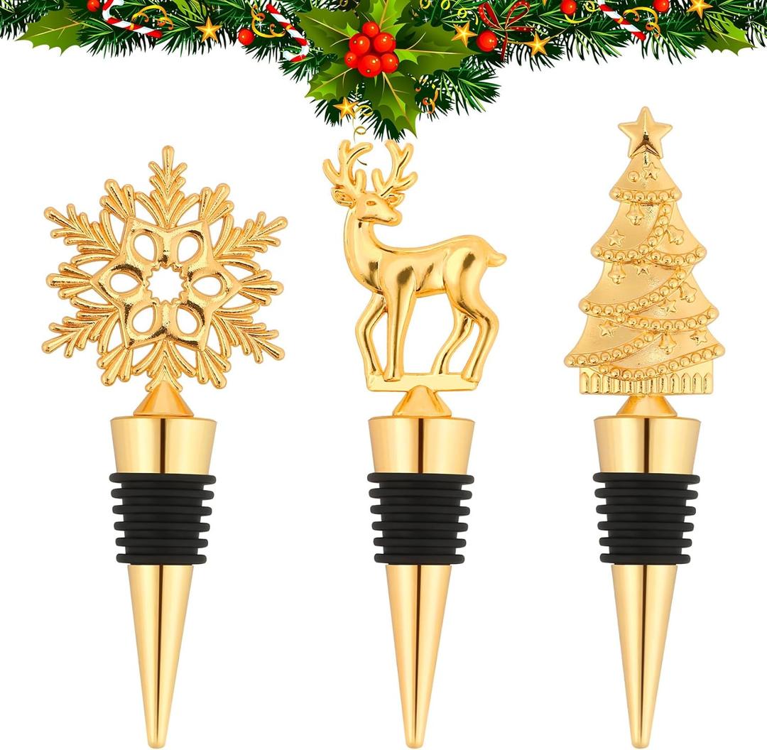 Christmas Wine Stopper 3PCS Christmas Decorations Bottle Stoppers for Party Decorations Wine Stopper Xmas Gift Decorative Gold Xmas Bottle Stoppers for Birthday Supplies Accessories Wedding Party