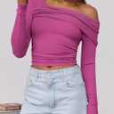 ANRABESS Womens One Off Shoulder Shirts Long Sleeve Slim Fitted Going Out Crop Tops 2025 Fall Outfits Y2K Clothes Hot Pink Small