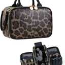 Prite Makeup Bag for Women, Large Capacity Waterproof Travel Cosmetic Organizer, Portable Open Flat Toiletry Bag with Free-standing Brush Holder and Handle(Leopard Print Medium)