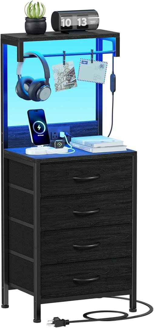Furnulem Tall Nightstand with Charging Station, Night Stands with LED Lights and Storage Shelves, Bed Side Table for Bedroom, Hallway, Office, 4 Fabric Drawers (Black Oak), 11.8 Inches X 14.96 Inches X 38.18 Inches