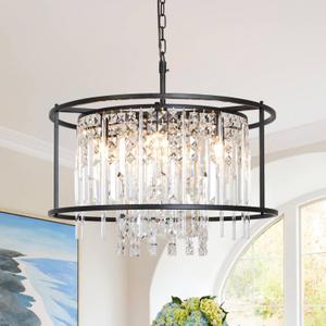 Modern Round Chandeliers 23.6" Dining Room Light Fixture Industrial Farmhouse Chandelier 6-Lights Black Metal Crystal Pendant Light for Dining Room Kitchen Island Living Room Entryway Bedroom, Black 