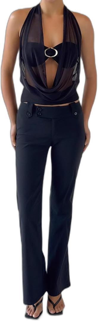 Tiger Mist Women's Kittie Low-Rise Trousers with Buttoned Waistband and Flare Leg - Black - S
