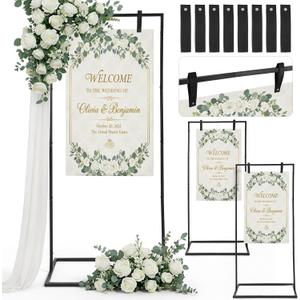Blulu 3 Pack Wedding Sign Holder Adjustable Metal Wedding Sign Stand with 8 Leather Straps Floor Display Easel Stand for Welcome Seating Chart Ceremony Reception Decor(Black)