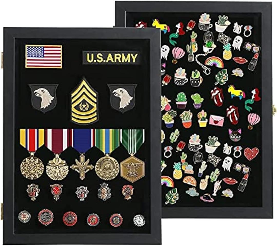 VERANI Pin Display Case - 14x19 Pin Collection Display with Uv Protection Acrylic Door for Military Medals, Beach Tags, Jewelry Pins, Pin Gift, Insignia Ribbons, Pin Enthusiast Collectibles, Black