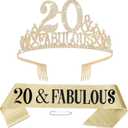 20th Birthday Decorations for Women, 20th Birthday Gifts Sash and Crown for Women Set, 20 & Fabulous Party Supplies, Gold