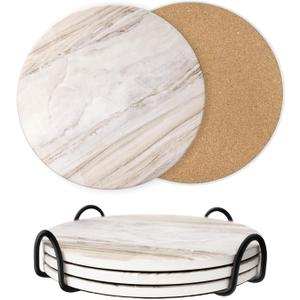 8 Inch Trivets for Hot Dishes, Pots and Pans, Marble Style Ceramic Trivet with Holder, Absorbent Heat Resistant Hot Pads with Cork Bottom Anti-Slip, for Countertops, Table, Home Essentials, Set of 3