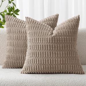 MIULEE Pack of 2 Corduroy Decorative Euro Sham Throw Pillow Covers 24x24 Inch Soft Boho Striped Pillow Covers Modern Farmhouse Home Decor for Sofa Living Room Couch Bed Light Brown