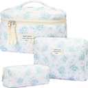 Mossio Quilted Cotton Makeup Bag - Large Floral Cosmetic Bag Cute Toiletry Organizer Flower Travel Essentials for Women & Girls (Blue Rose)